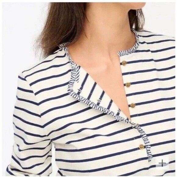 J.Crew Factory Striped ruffle-collar henley Long Sleeves New Size S Small - Picture 2 of 10